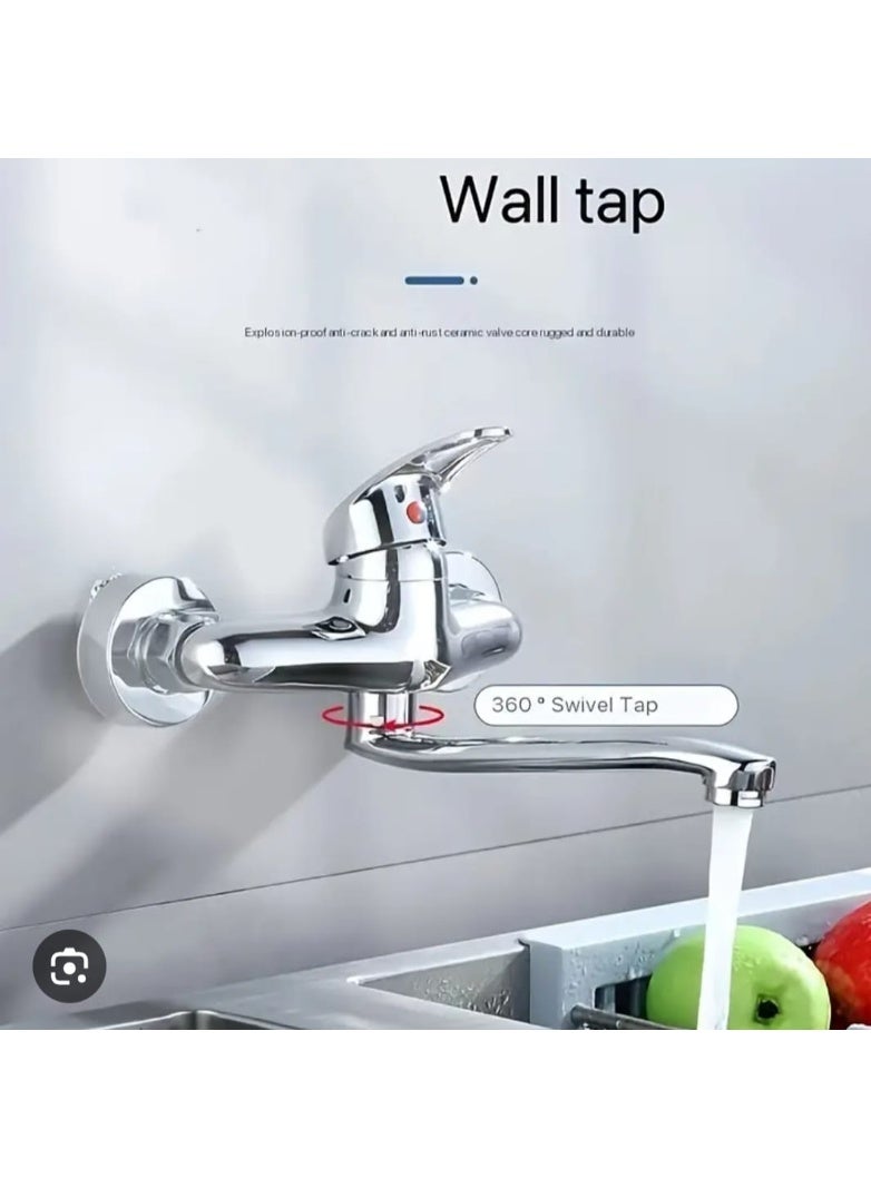 حنفية مطبخ حائط بذراع واحدة مخرج طويل متحرك 360 درجة خلاط مياه بارد وساخن تصميم كروم مقاوم للصدأ - Image 5